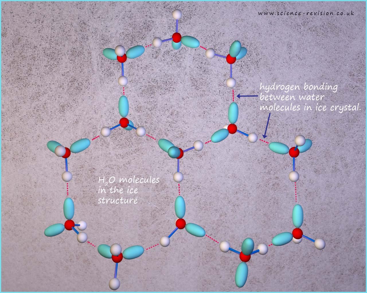 3d model showing the structure of ice with the extended hydrogen bonds shown.